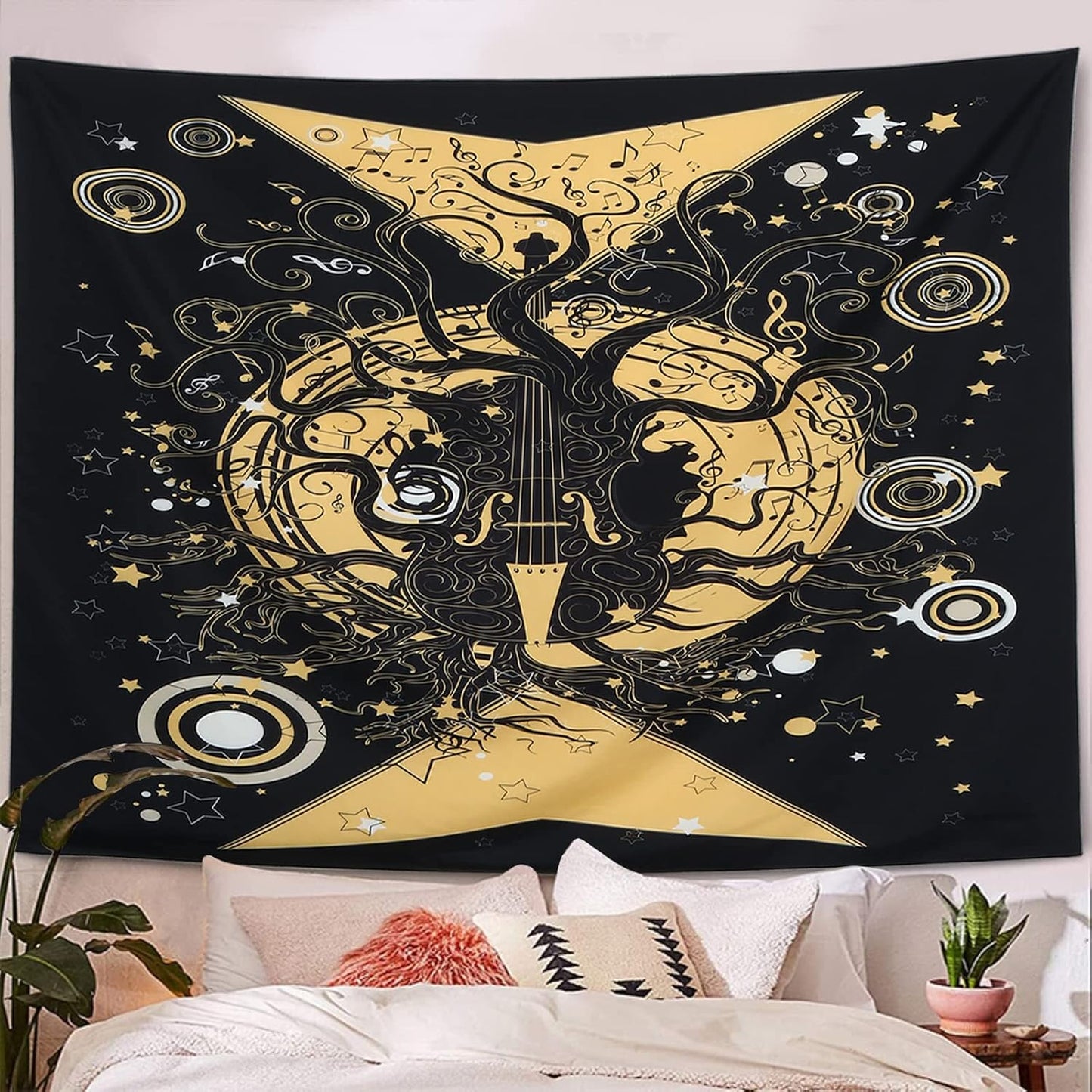 Tree of Life Tapestry Wall Hanging Moon and Star Violin Tree Black Tapestry for Wall Geometric Arabesque Tapestry for Bedroom Aesthetic Home Dorm Tapestries Decor for Living Room