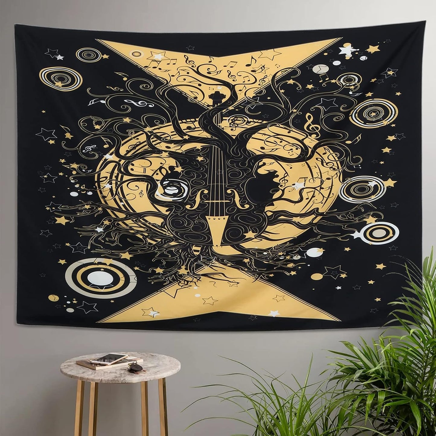 Tree of Life Tapestry Wall Hanging Moon and Star Violin Tree Black Tapestry for Wall Geometric Arabesque Tapestry for Bedroom Aesthetic Home Dorm Tapestries Decor for Living Room