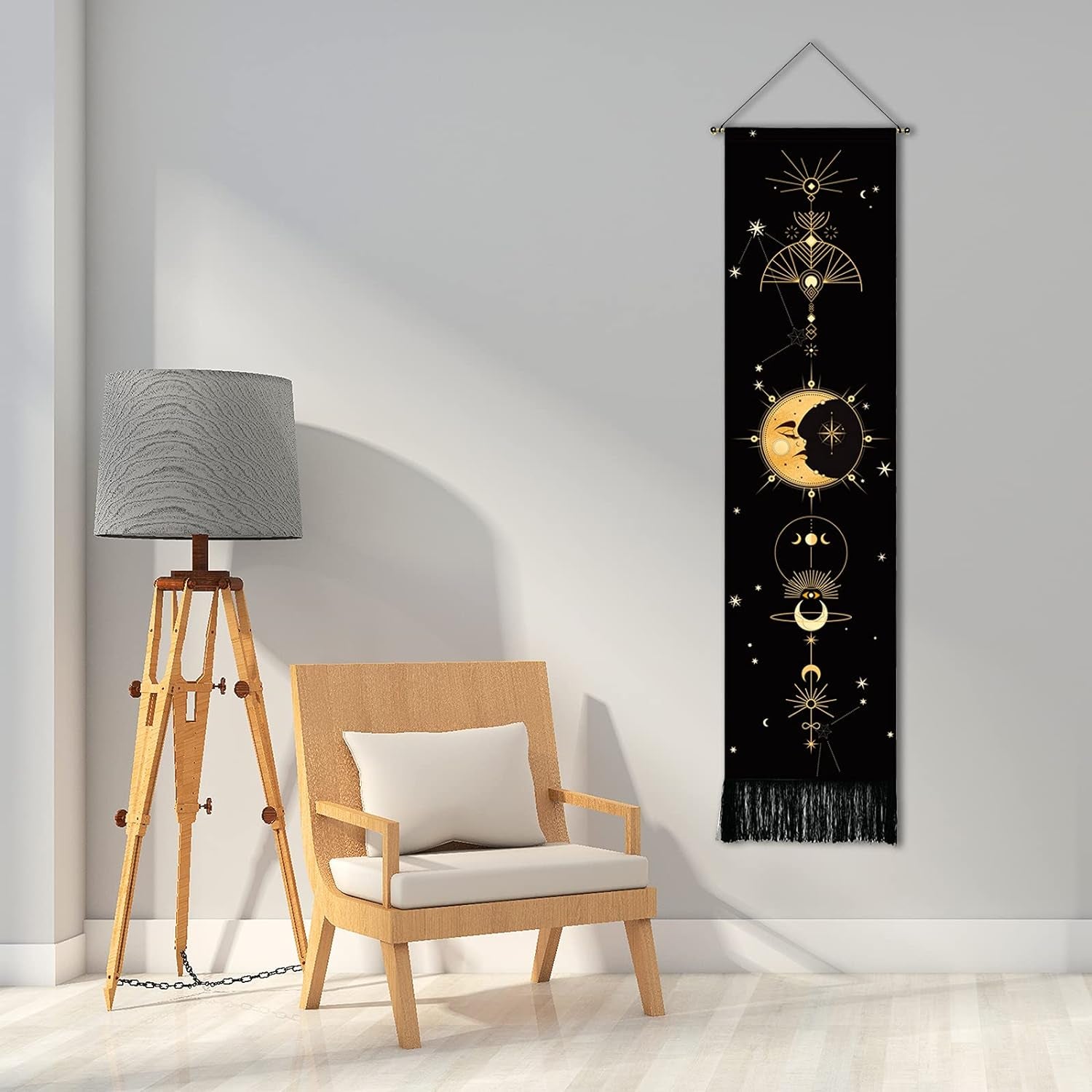 Wall Hanging Tapestry，Aesthetic Tapestry,Bohemian Wall Tapestry，Sun and Moon Tapestry for Room Tapestries(Black Tapestry, 12.8 X 51.2 Inches)