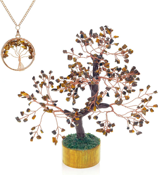 Tiger Eye Gemstone Tree of Life [Bonus Matching Necklace] | Money Tree with Chakra Reiki Healing Crystals Oriental Home Décor Tree | Handmade Feng Shui Tree Figurine for Luck, Fortune