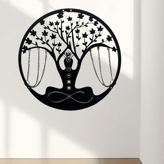 Yoga Tree of Life Meditation Metal Wall Decor Meditation Wall Art with Chakra Gemstones Home Decor Hanging Sculpture Statue Indoor Gift