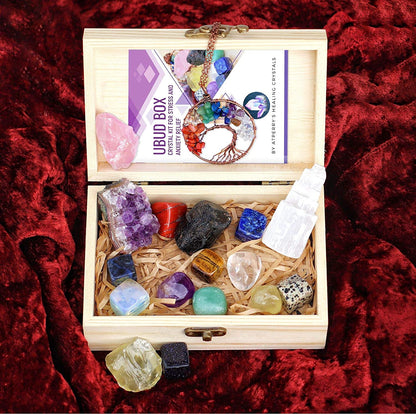 16 Large Natural Healing Crystals Set in Wooden Box - Tumbled, Rough & Raw Crystals, Including Selenite Tower, Black Tourmaline, Amethyst, Rose Quartz, Lapiz Lazuli, Citrine & Tiger'S Eye