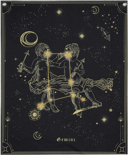 Constellation Gemini Tapestry Wall Hanging, Black and Gold Zodiac Tarot Card Tapestry, Gemini Moon Stars Wall Tapestries with Steel Grommets, Seamless Nails, 19.6"X23.6"