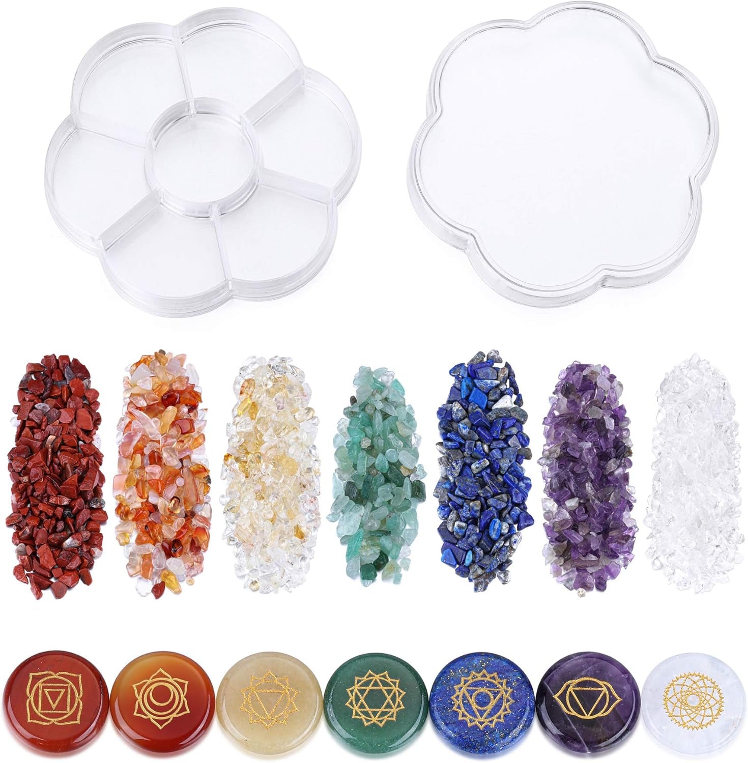 7 Chakra Crystal Stones Natural Reiki Healing Crystals Gemstones with Engraved Chakra Symbol Tumbled Polished Chakra Stone Kit for Meditation Crystal Therapy Gift for Christmas