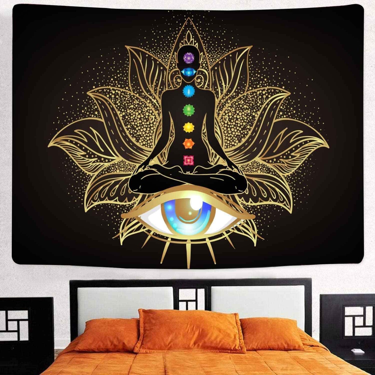 Seven Chakra Tapestry Meditation Tapestry Wall Hanging, Golden Black Lotus Eyes Spiritual Tapestry for Bedroom, Polyester Wall Tapestry Home Decor 51Inchx59Inch SSA065…