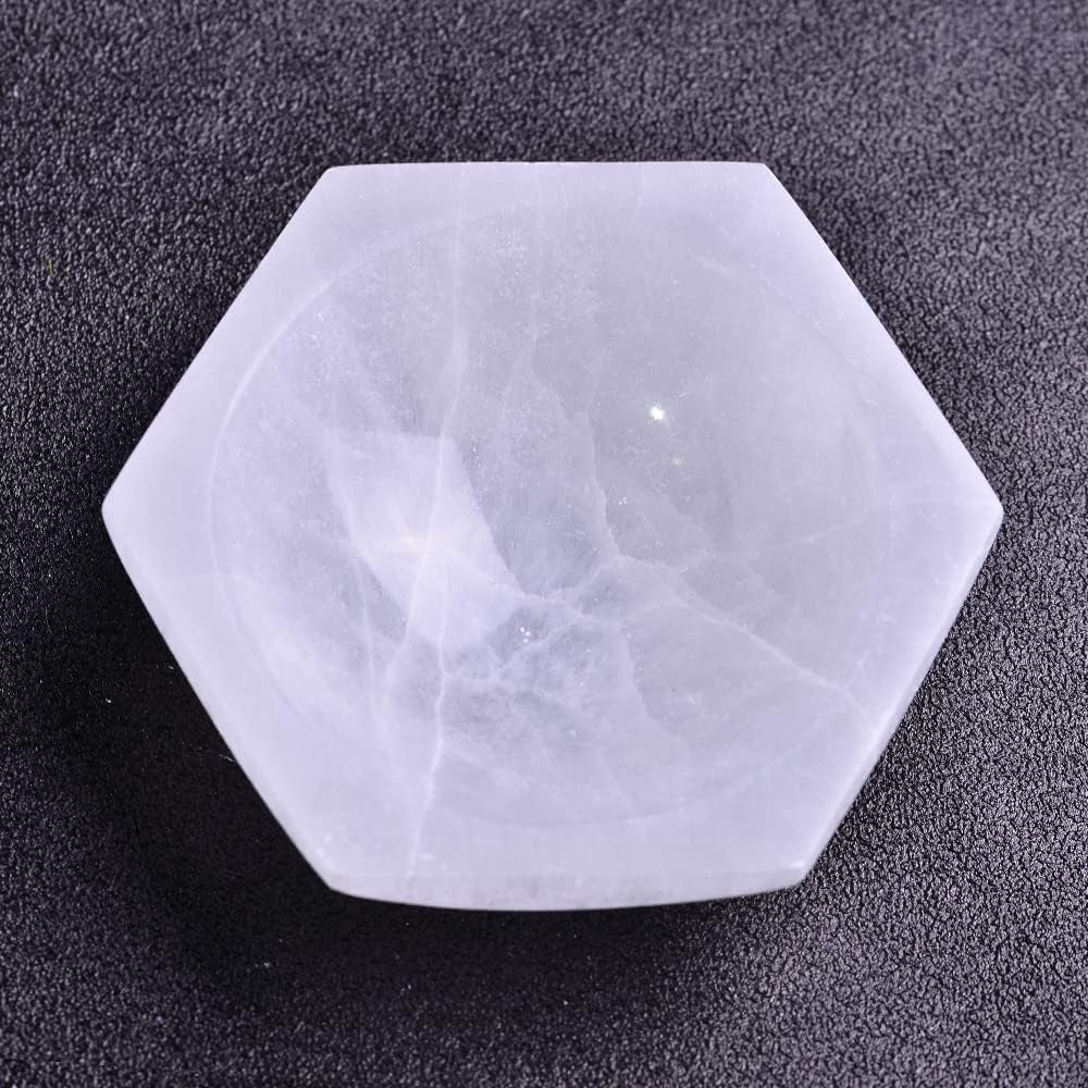 Selenite Bowl Hexagon Reiki Healing Crystal Bowl Moroccan Selenite Plate for Charging and Cleansing 4 Inch