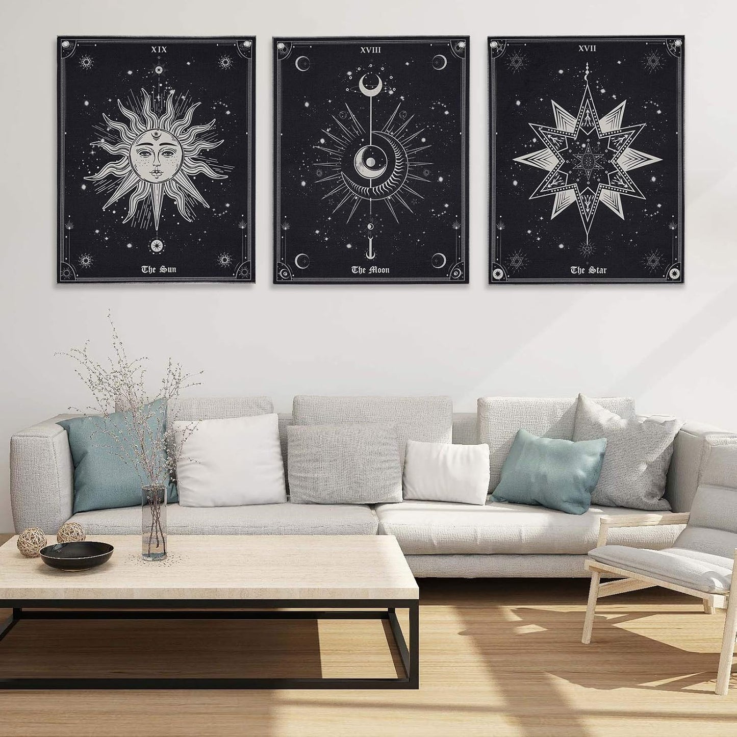 Pocass Pack of 3 Tarot Tapestry the Sun the Moon the Star Tarot Card Vertical Tapestry Black and White Medieval Europe Mysterious Wall Hanging with Grommets, Seamless Nails (15.7 X 19.6 Inches)