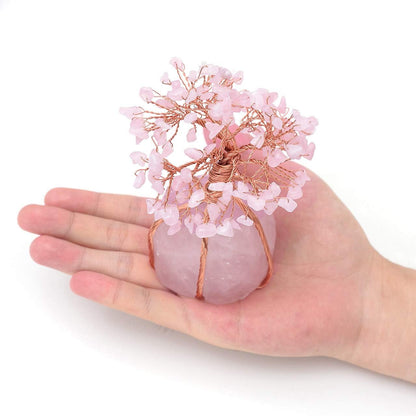 Rose Quartz Healing Crystals Copper Money Tree Desk Office Decor Wrapped on Natural Rose Quartz Base Feng Shui Luck Figurine