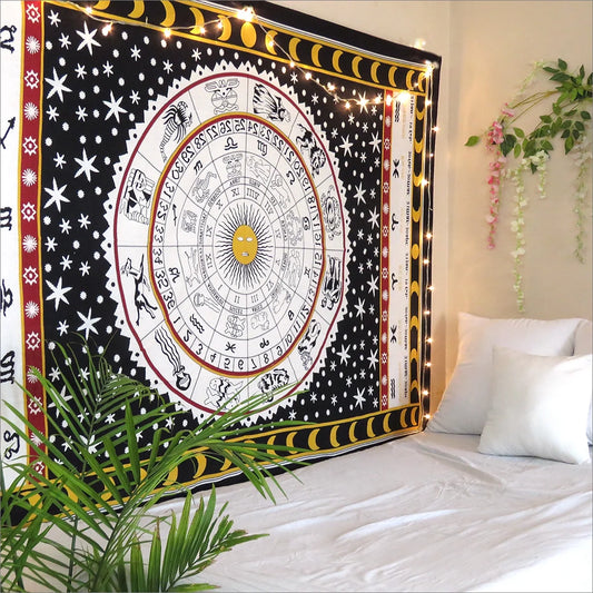 Black and White Horoscope Tapestry Zodiac Wall Hanging Dorm Room Tapestries Twin Size Yoga Mat Meditation Throw Blanket Beach Throws by