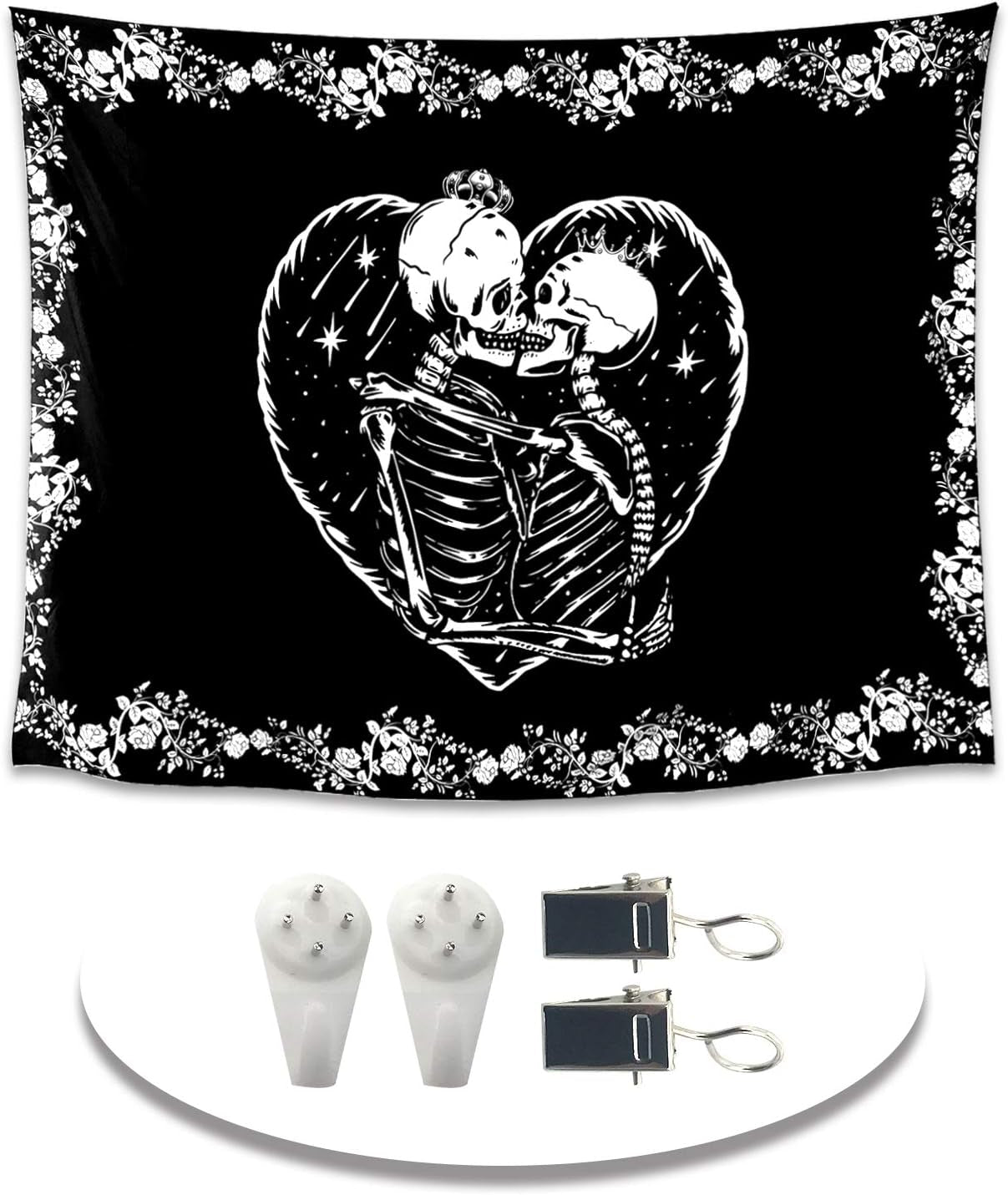 Skull Tapestry Kissing Lovers Tapestry Black and White, Roses, Flowers Background Bedroom Lover Tapestry (Skull Lovers, 59In*51In)