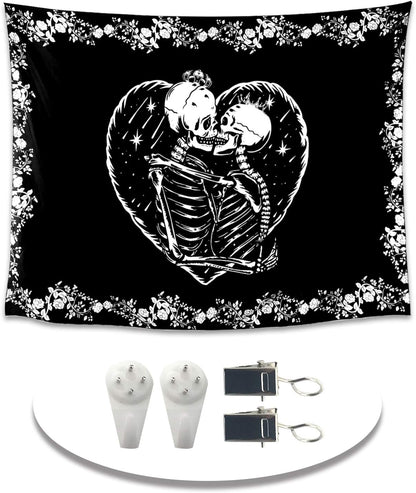 Skull Tapestry Kissing Lovers Tapestry Black and White, Roses, Flowers Background Bedroom Lover Tapestry (Skull Lovers, 59In*51In)