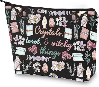 Witch Toiletry Bag for Crystals Tarot and Witchy Things Witchcraft Cosmetics Bag Halloween Witch Gift (Crystals Tarot New)