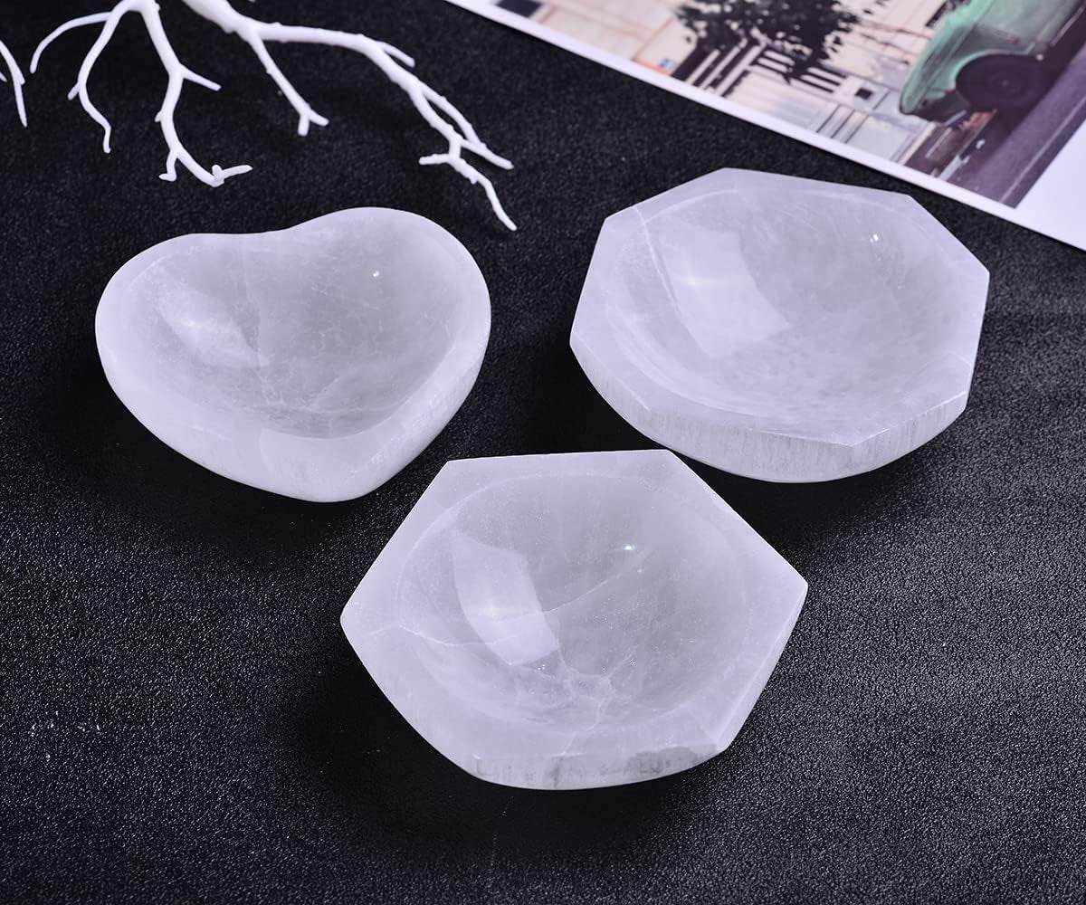 Selenite Bowl Hexagon Reiki Healing Crystal Bowl Moroccan Selenite Plate for Charging and Cleansing 4 Inch