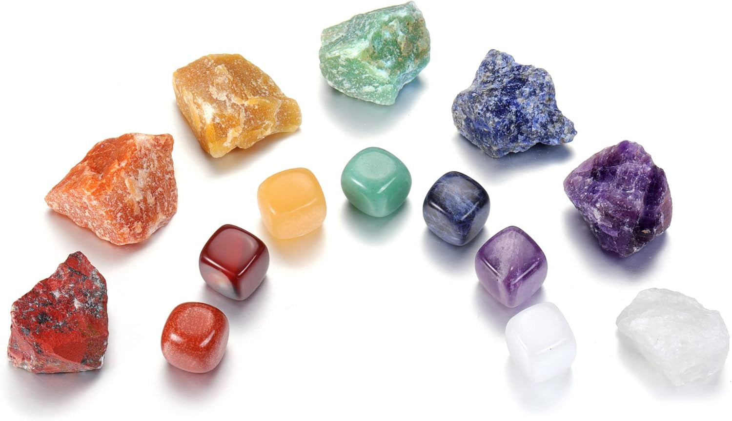 14Pcs Chakra Stones Reiki Healing Crystals Bulk Set Natural 7 Raw Rough Stones Ore Specimen Rock Crystal Collection with 7 Polished Tumbled Stones for Tumbling Cabbing Balancing Meditation Therapy