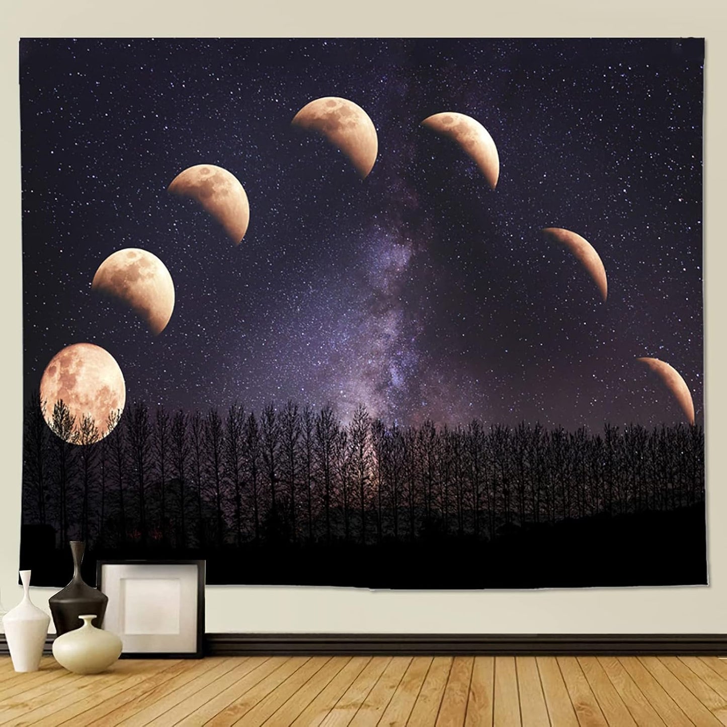 Moon Starry Forest Tapestry and Moon Eclipse Tapestry Moon Phase Change Tapestry Starry Night Sky Space Galaxy Stars Tapestry for Living Room Bedroom(80L X 60W Inches)