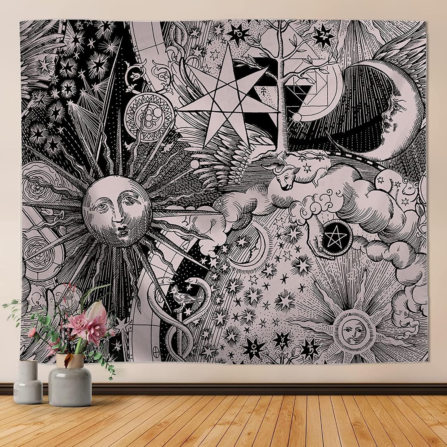 Sun and Moon Tapestry, Grey Sun and Moon Tapestry and Burning Sun Moon with Stars Psychedelic Popular Mystic Wall Hanging Tapestry for Bedroom Home Decor(60L X 50W Inches)