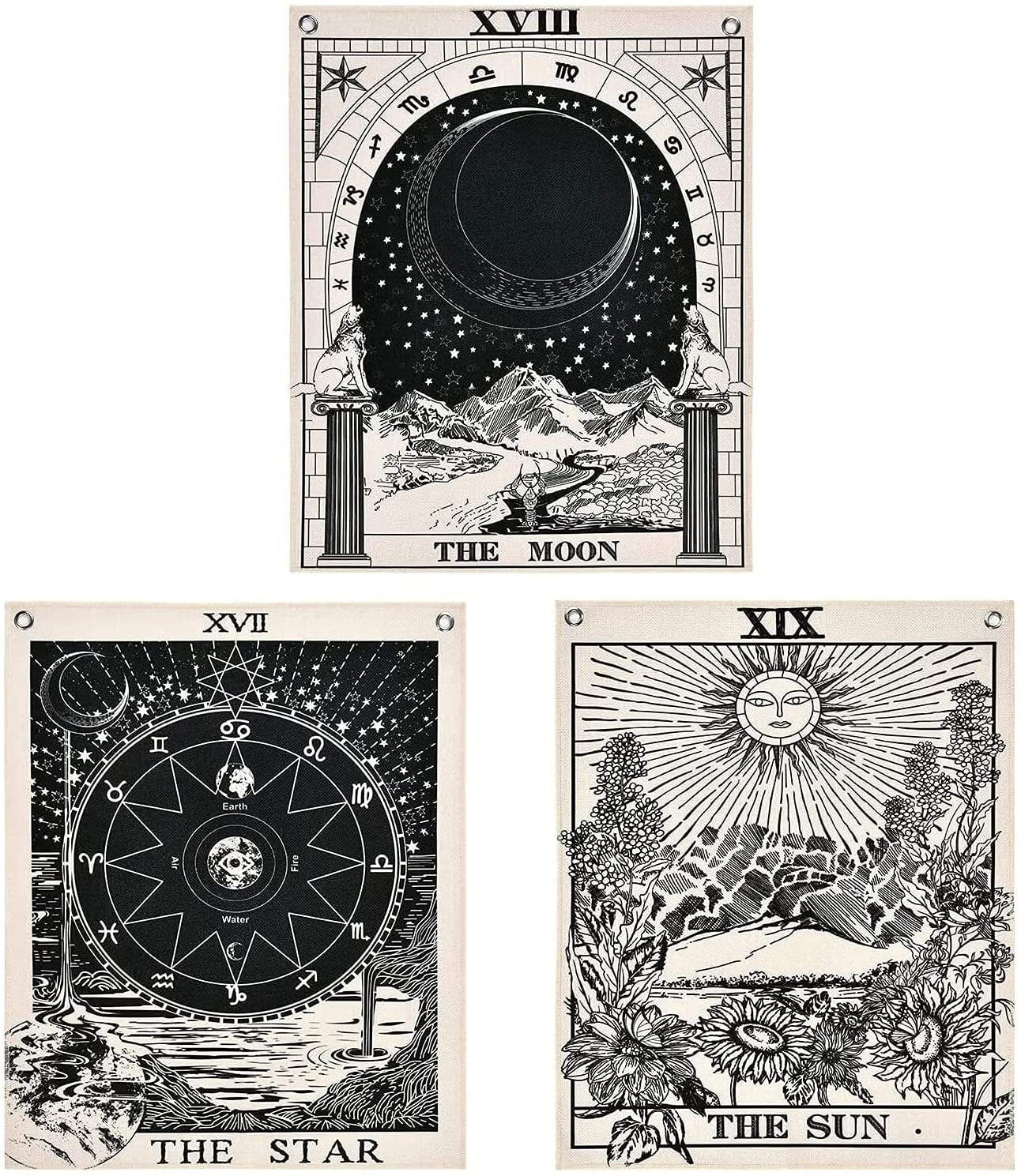 Pack of 3 Tarot Tapestry the Sun the Moon the Star Tarot Card Tapestry with Rustproof Grommets, Seamless Nails (Black White, 19.6 X 23.6 Inches)