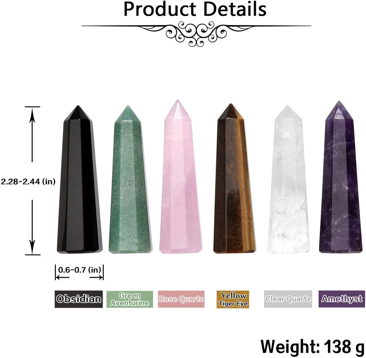 6Pcs Healing Crystals Wand Set Natural Amethyst Rose Quartz Clear Quartz Tiger Eye Green Aventurine Black Obsidian Reiki Healing Crystal Stones Kit for Meditation Yoga Crystal Therapy