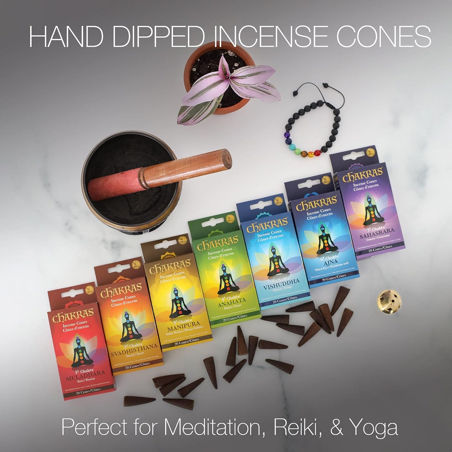 7  Natural Meditation Incense Cones Gift Set - Variety of 7 Aromas - with Bracelet & Golden Burner - 140X 30 Minute Cones - Perfect for Reiki, Yoga, Healing & Aromatherapy