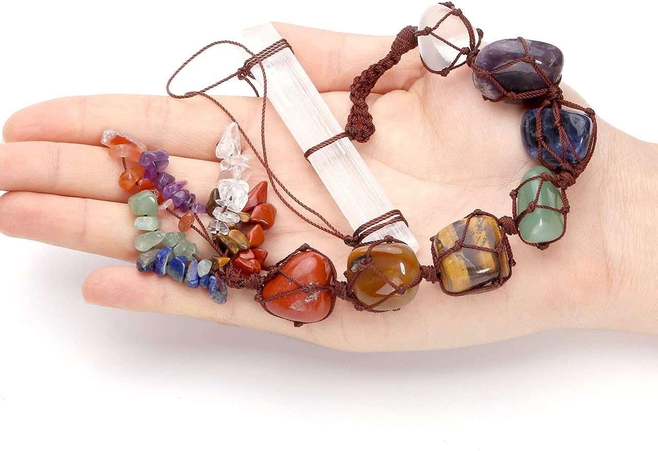 Natural 7 Chakra Raw Stones Reiki Crystals Hanging Ornament Tumbled Gemstones Tassels Stone Bar Home Decoration for Good Luck Yoga Meditation