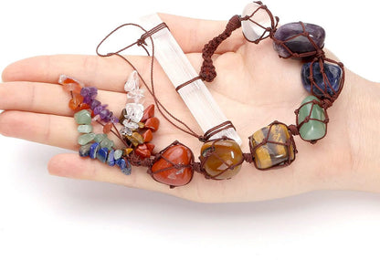 Natural 7 Chakra Raw Stones Reiki Crystals Hanging Ornament Tumbled Gemstones Tassels Stone Bar Home Decoration for Good Luck Yoga Meditation