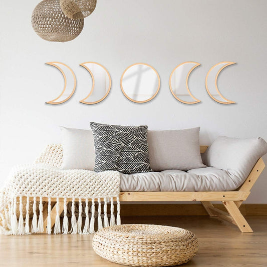 Scandinavian Bohemian Natural Acrylic Wooden Wall Decor Moon Phase Mirror Set, Wall Decorative Acrylic Beige Mirror Decoration for Home Living Room Bedroom Decor - Not Real Mirror (5 Pcs) …