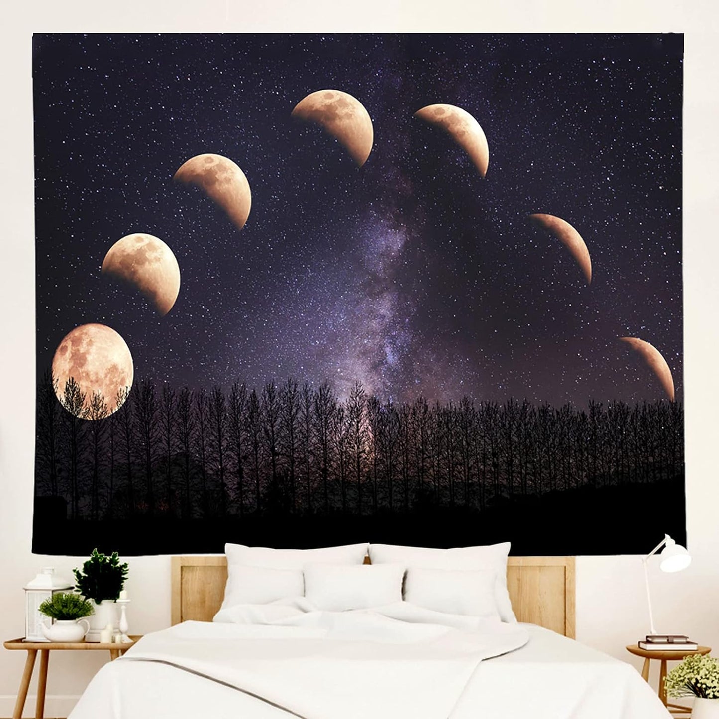 Moon Starry Forest Tapestry and Moon Eclipse Tapestry Moon Phase Change Tapestry Starry Night Sky Space Galaxy Stars Tapestry for Living Room Bedroom(80L X 60W Inches)