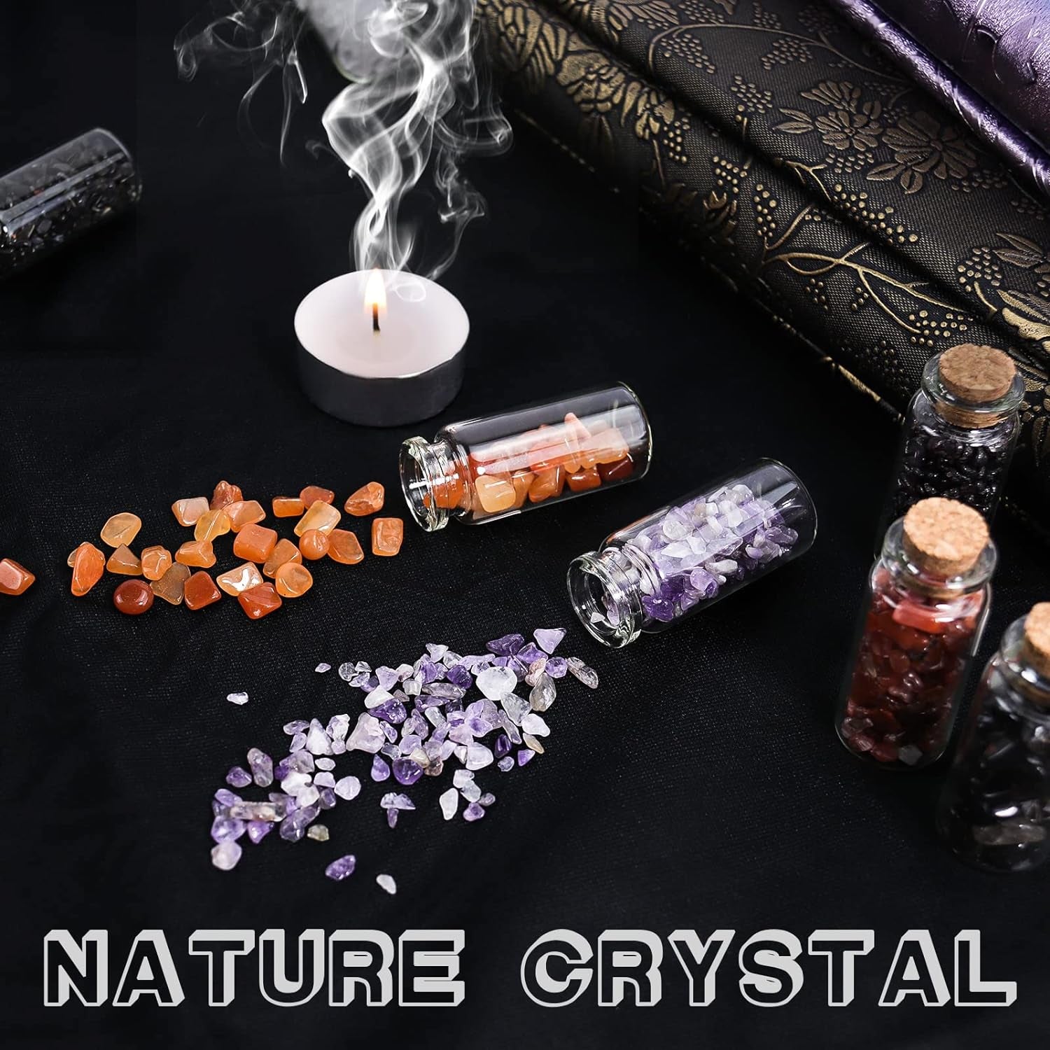 Witchcraft Supplies, a Set of 49 Different Gemstones Crystals in Glass Bottles, Crystal Chip Natural Reiki Healing Stones, Random Stuff Witch Crystals for Meditation Therapy and Witchy Decor