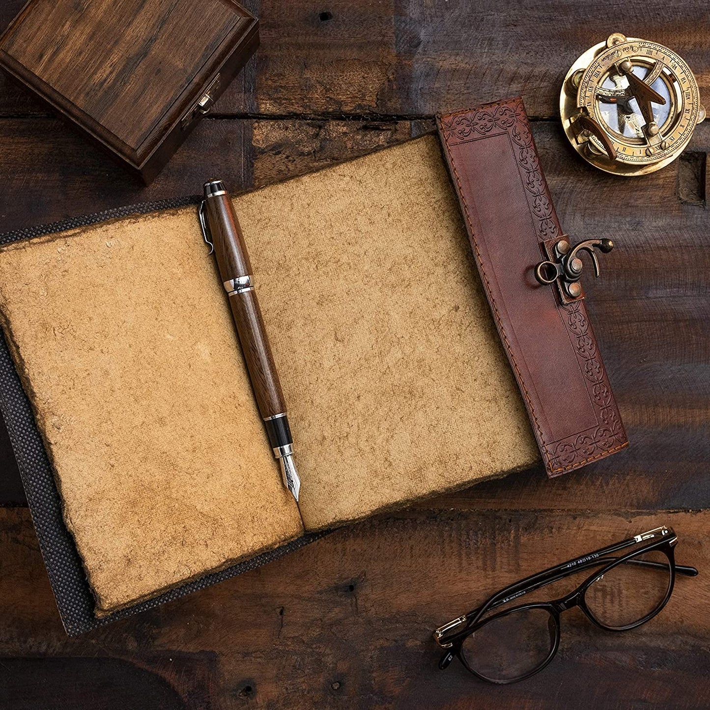 Vintage Leather Journal with Semi Precious Stone - Lock Closure, 240 Pages Antique Deckle Edge Paper - Book of Shadows, Grimoire Journal, Witch Journal for Men and Women - 7" X 5"