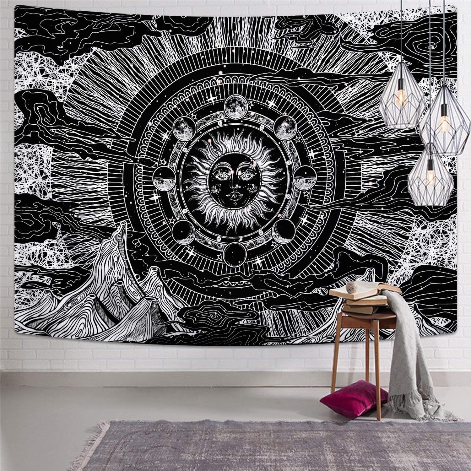 Sevenstars Moon Tapestry Black and White Tapestry Dark Tapestries Cloud Tapestry Sun Tapestry Psychedelic Tapestries for Room