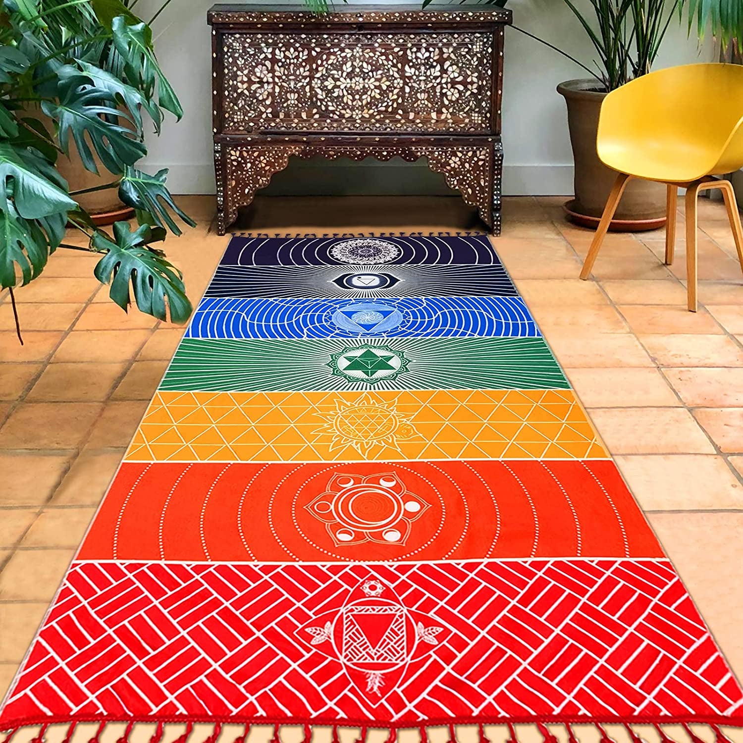 Mexican Yoga Mat Beach Picnic Blanket Chakra Meditation Mat Yoga Rug Sunscreen Shawl Chakra Wall Tapestry Decor Boho Pilates 59 in (Polyester Fibre)