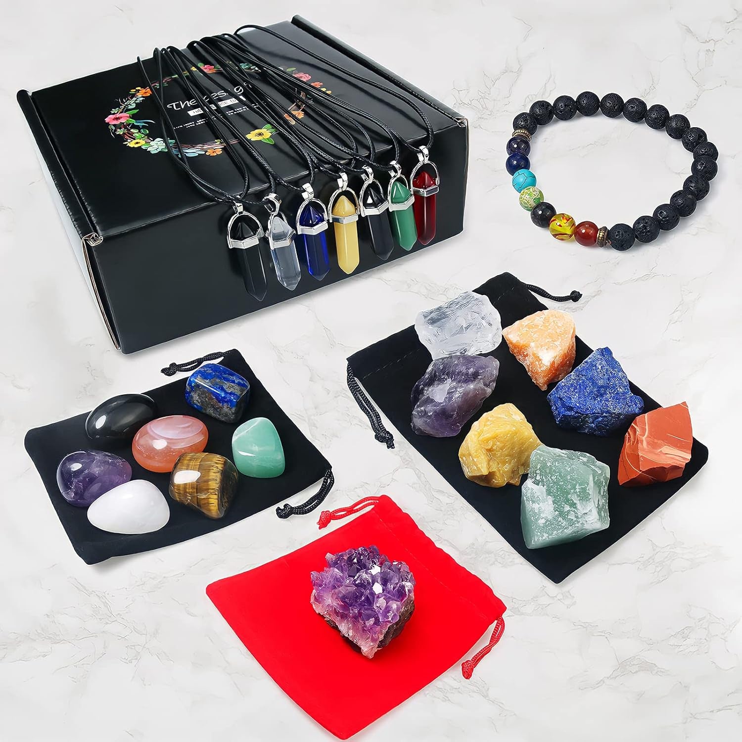 24 PCS Healing Crystals Set for Beginners 7 Raw Chakra Stones 7 Colorful Gems 7 Pcs Healing Crysta Necklace Amethyst Reference Guide Poster Healing Crystals Bracelets for Yoga Meditation