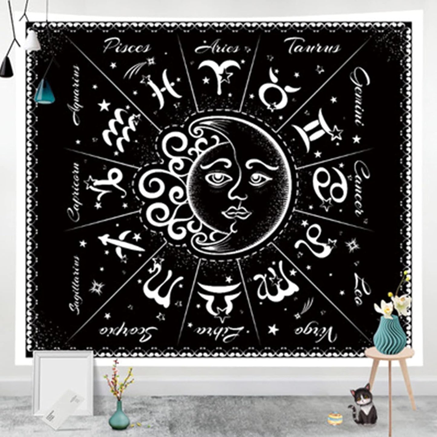 Moon Star Tapestry Wall Hangings, Black & White Moon Kissing Tapestries, Wall Decorations for Bedroom Dormitory Living Room (Style-A)