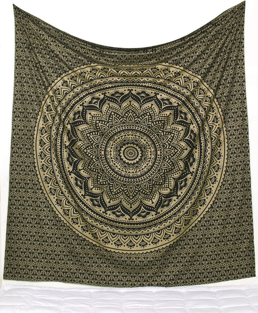 Tapestry Wall Hanging Hippie Ombre Mandala Bohemian Hippy Intricate Indian Tapestries Bedspread 90 X 108 Inches (230Cm X 270Cm) Black & Gold