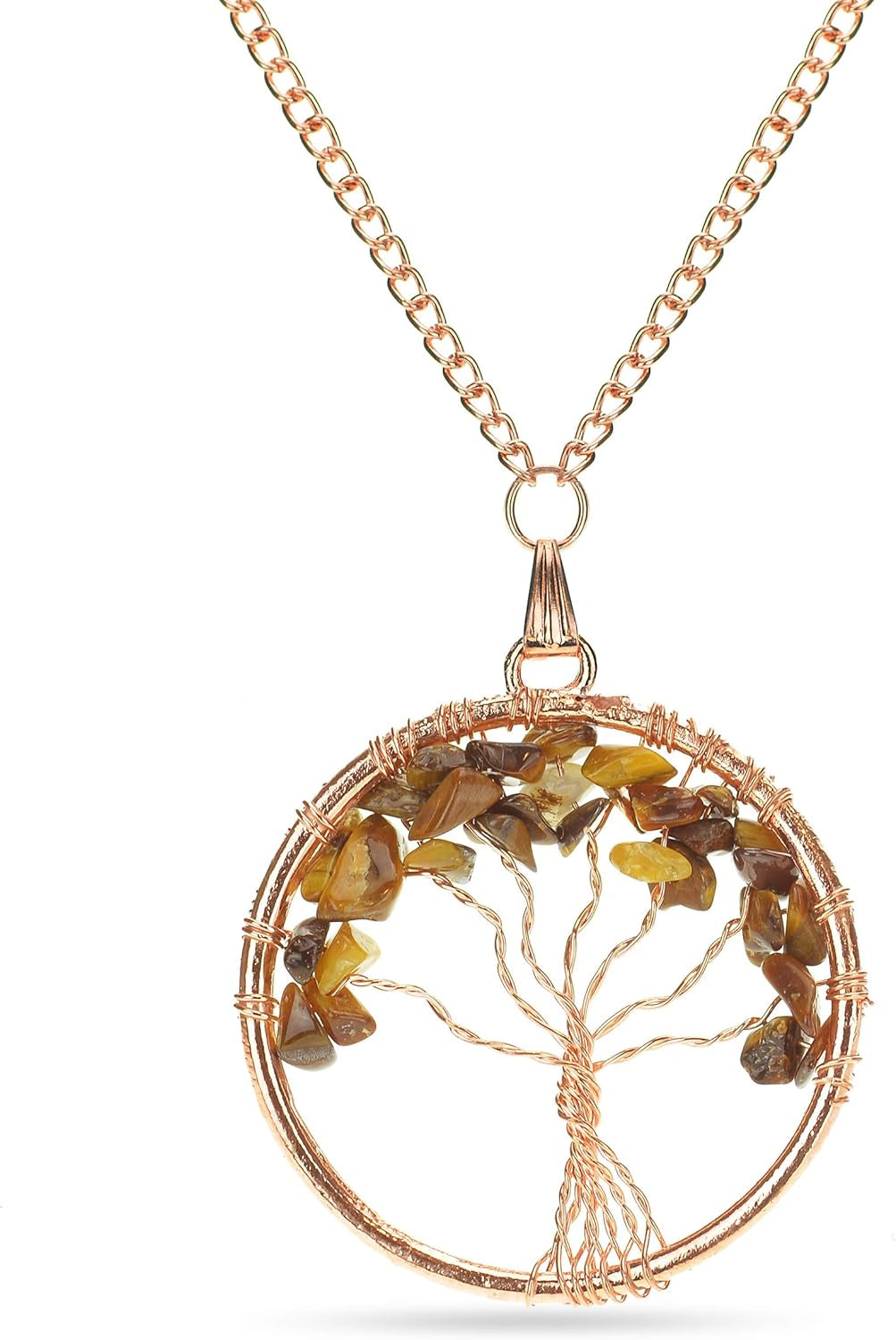 Tiger Eye Gemstone Tree of Life [Bonus Matching Necklace] | Money Tree with Chakra Reiki Healing Crystals Oriental Home Décor Tree | Handmade Feng Shui Tree Figurine for Luck, Fortune