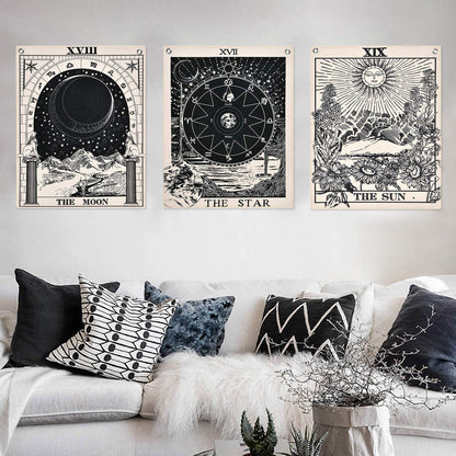 Pack of 3 Tarot Tapestry the Sun the Moon the Star Tarot Card Tapestry with Rustproof Grommets, Seamless Nails (Black White, 19.6 X 23.6 Inches)