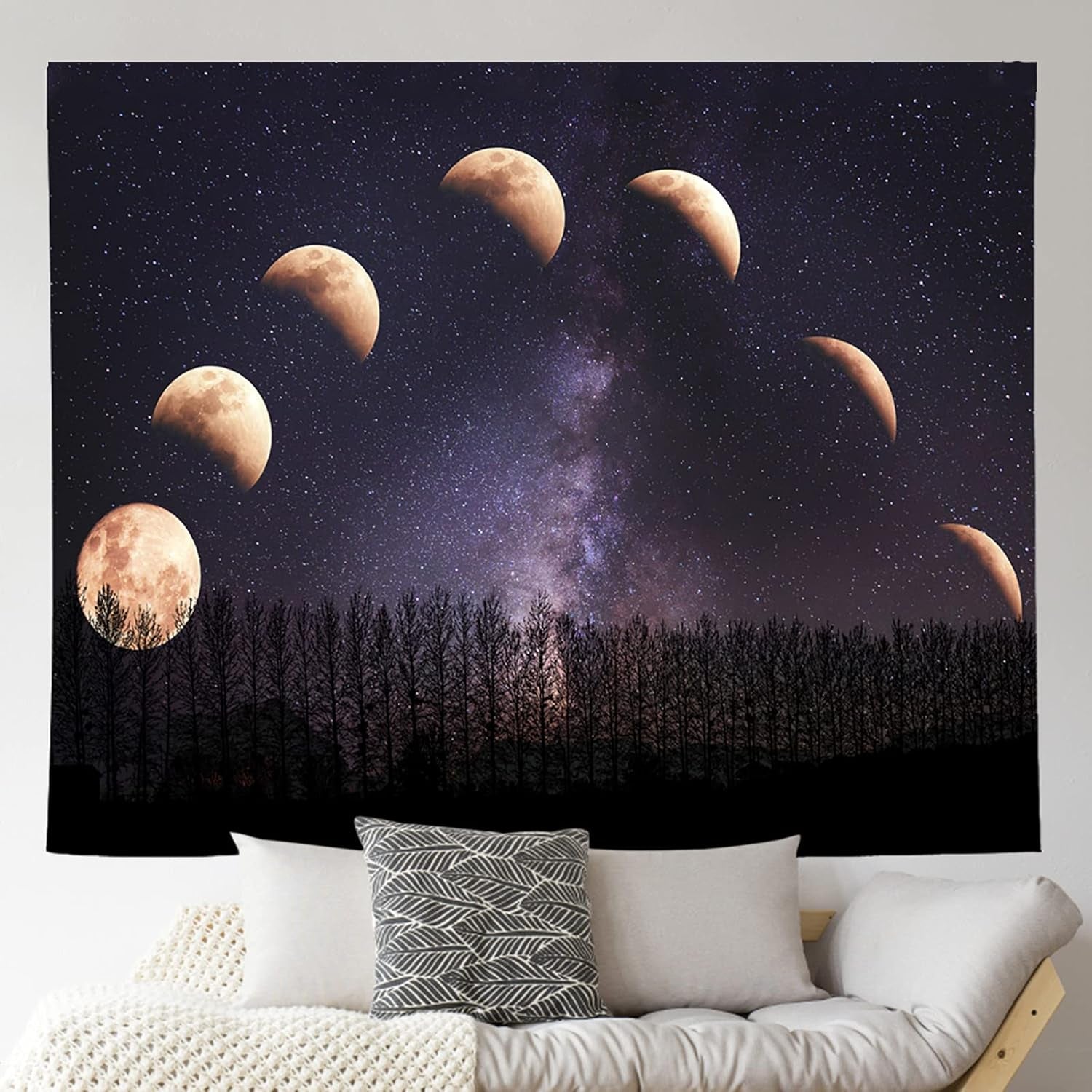 Moon Starry Forest Tapestry and Moon Eclipse Tapestry Moon Phase Change Tapestry Starry Night Sky Space Galaxy Stars Tapestry for Living Room Bedroom(80L X 60W Inches)