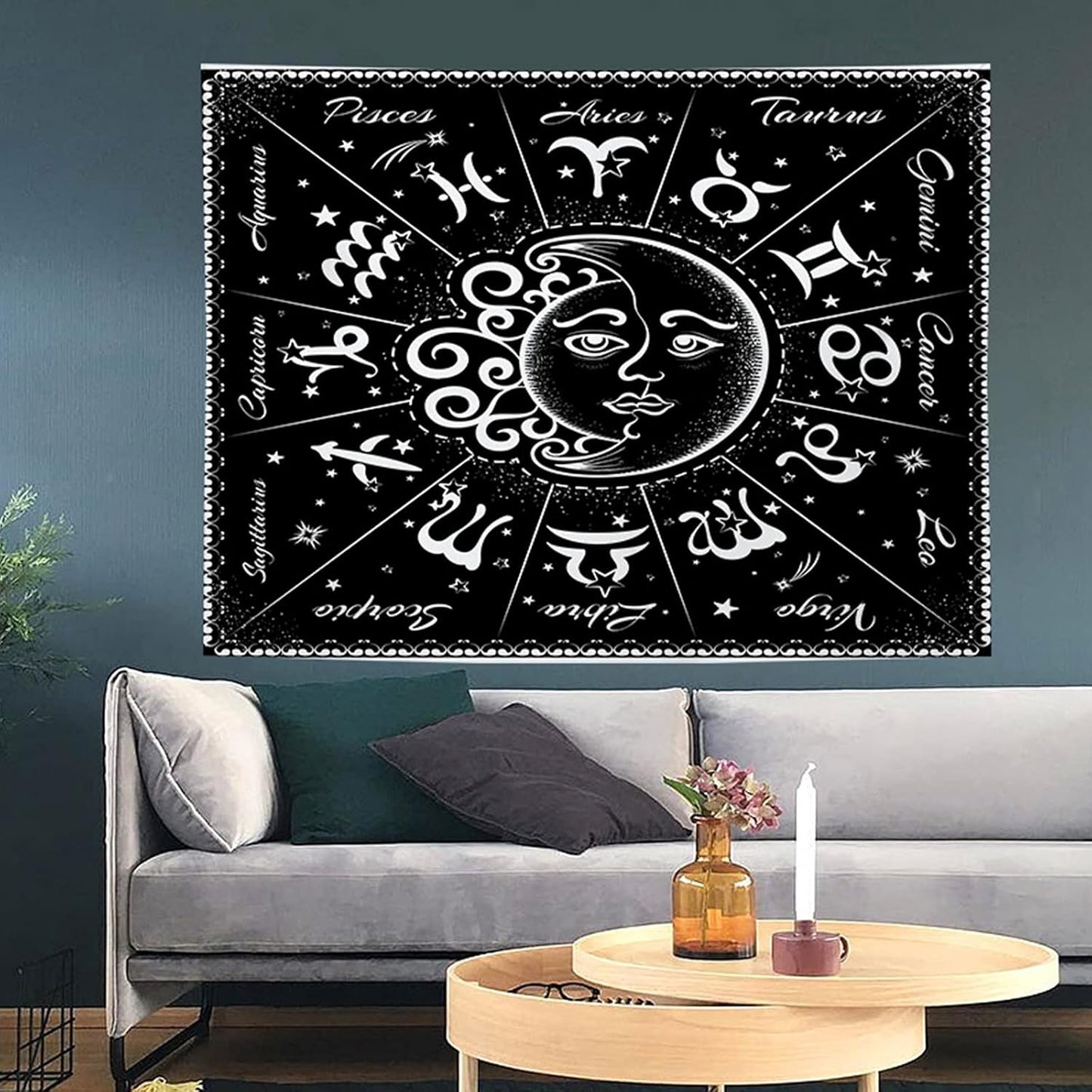 Moon Star Tapestry Wall Hangings, Black & White Moon Kissing Tapestries, Wall Decorations for Bedroom Dormitory Living Room (Style-A)