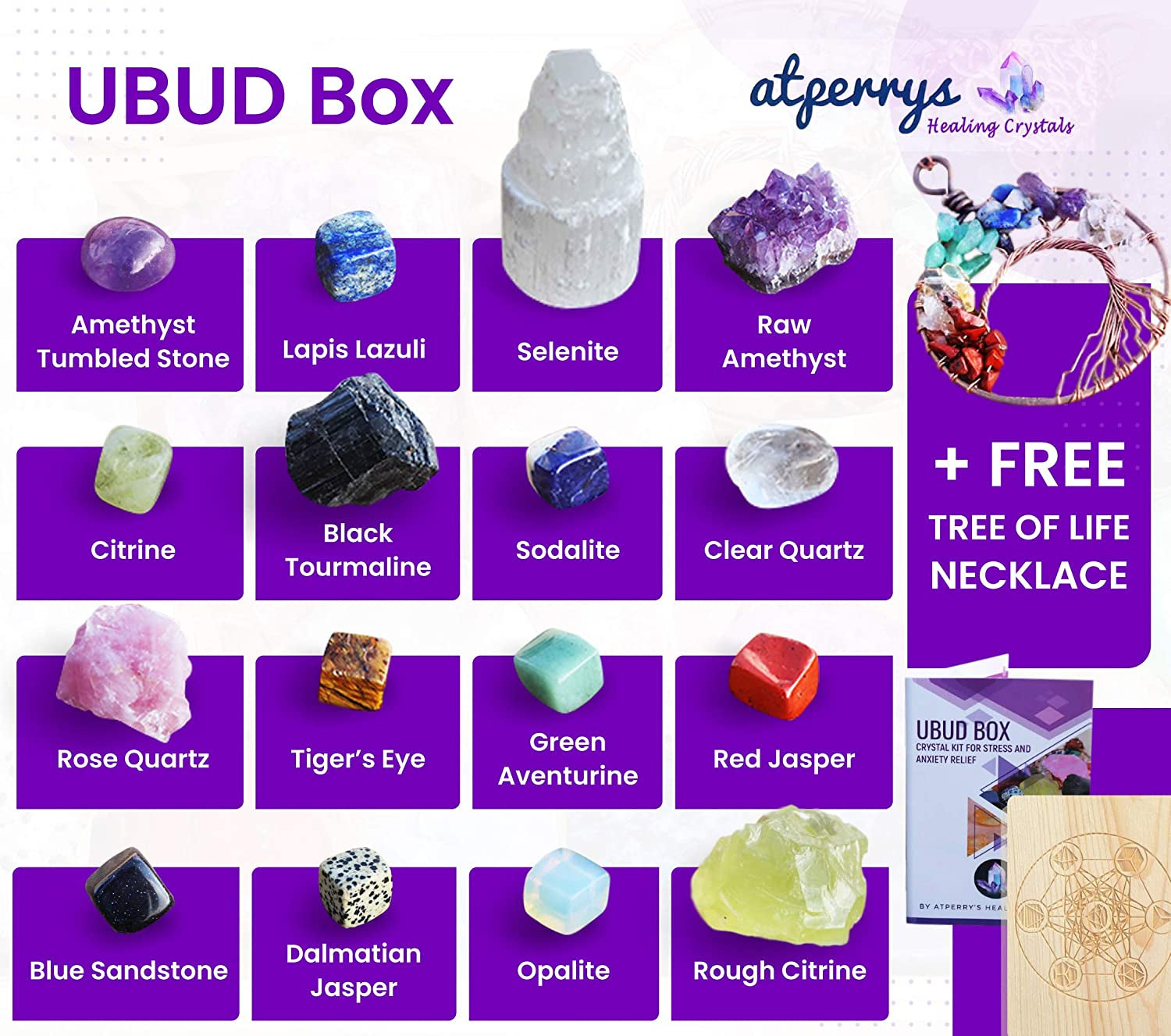 16 Large Natural Healing Crystals Set in Wooden Box - Tumbled, Rough & Raw Crystals, Including Selenite Tower, Black Tourmaline, Amethyst, Rose Quartz, Lapiz Lazuli, Citrine & Tiger'S Eye