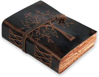 Tree of Life Journal - 8"X6" (A5) Inches - Red Brown - 200 Antique Deckle Edge Handmade Paper – Book of Shadows - Vintage Leather Bound Journal for Women & Men