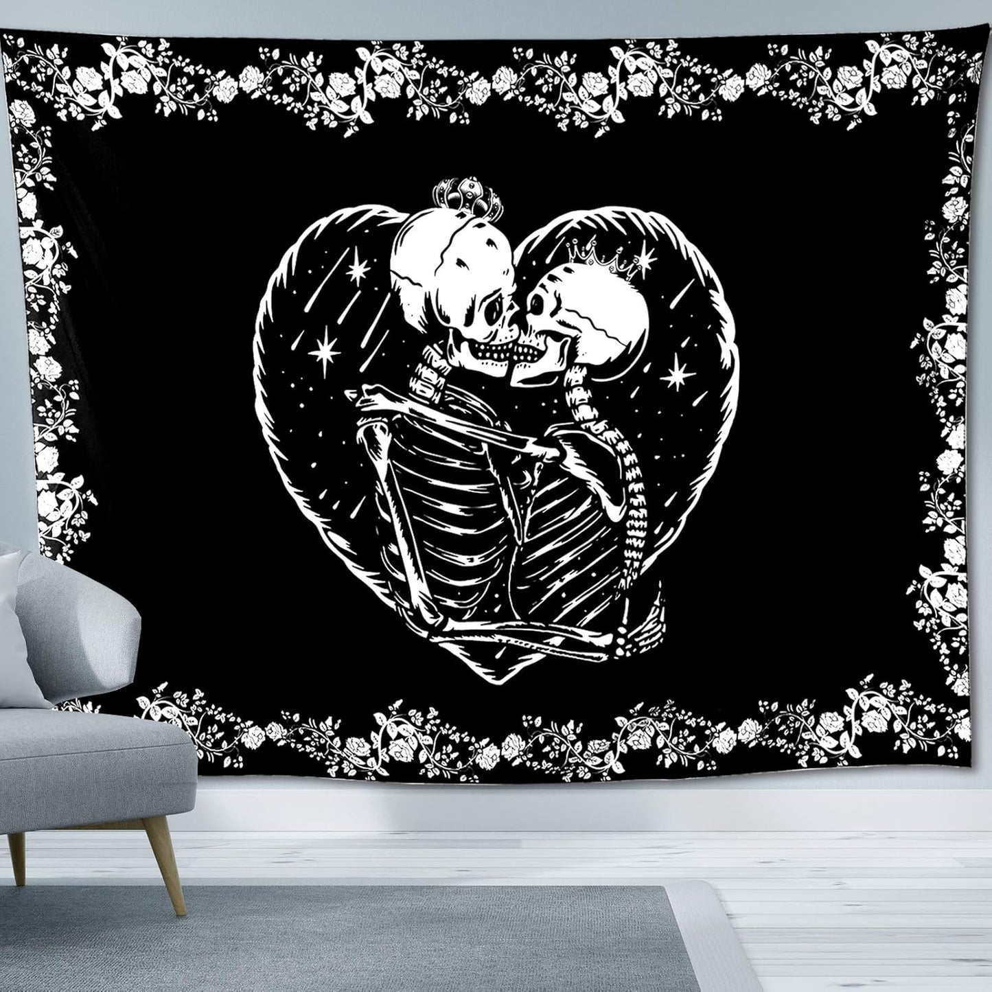 Skull Tapestry Kissing Lovers Tapestry Black and White, Roses, Flowers Background Bedroom Lover Tapestry (Skull Lovers, 59In*51In)