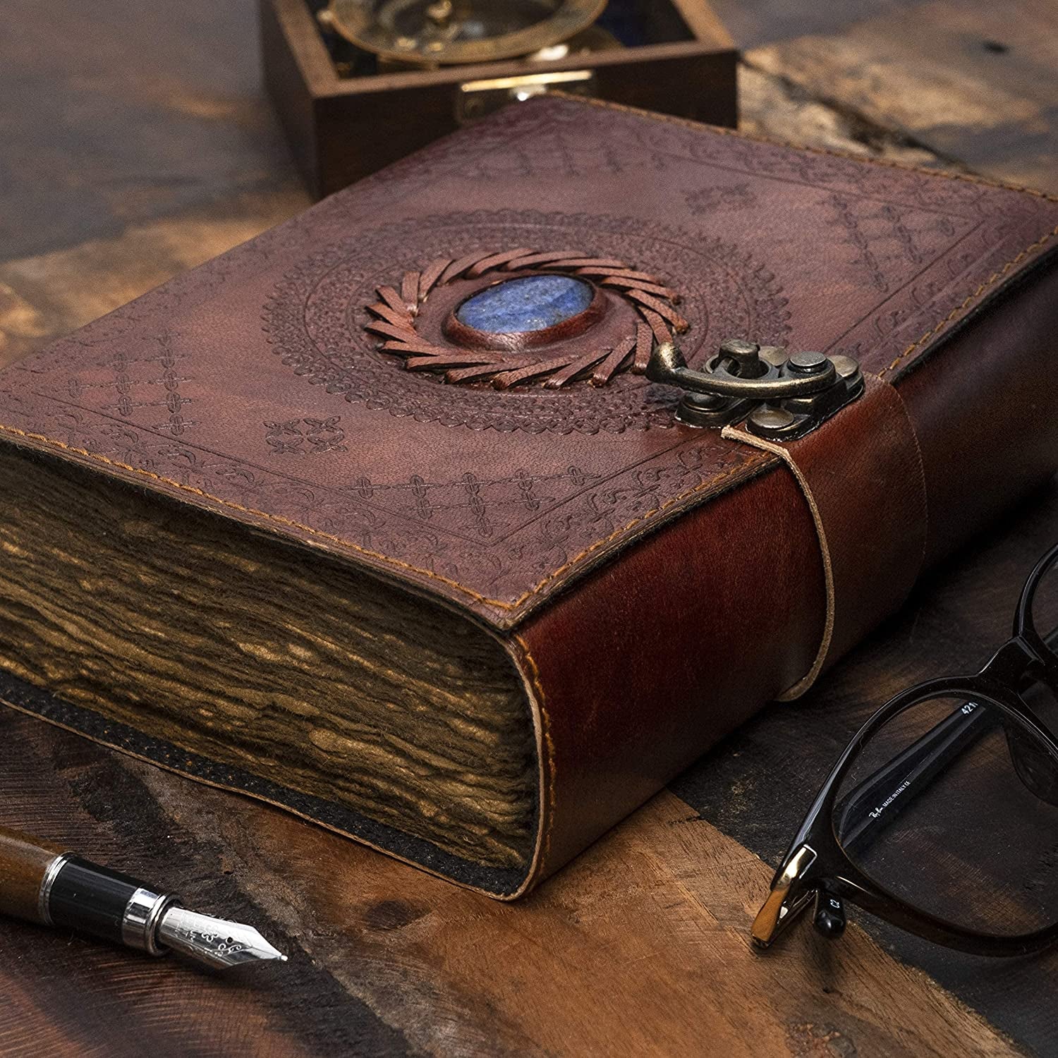 Vintage Leather Journal with Semi Precious Stone - Lock Closure, 240 Pages Antique Deckle Edge Paper - Book of Shadows, Grimoire Journal, Witch Journal for Men and Women - 7" X 5"