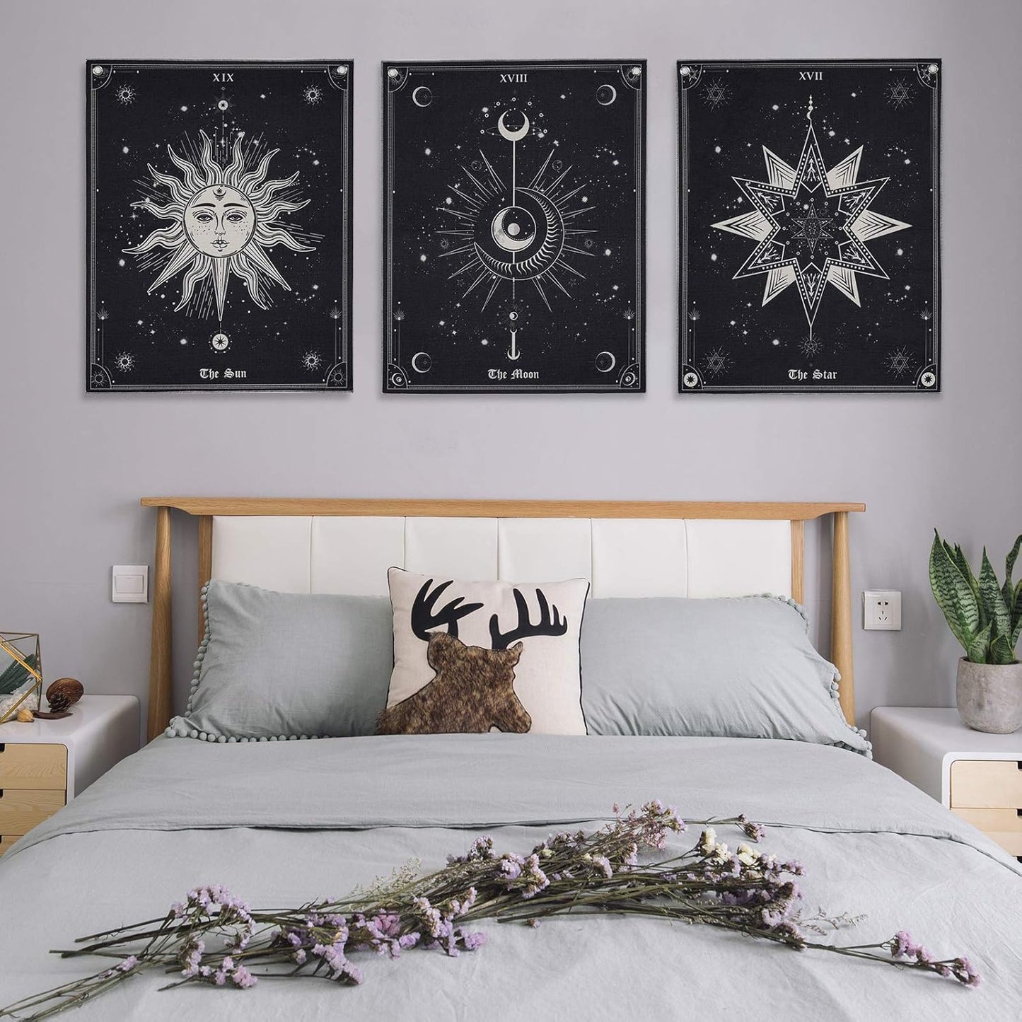 Pocass Pack of 3 Tarot Tapestry the Sun the Moon the Star Tarot Card Vertical Tapestry Black and White Medieval Europe Mysterious Wall Hanging with Grommets, Seamless Nails (15.7 X 19.6 Inches)