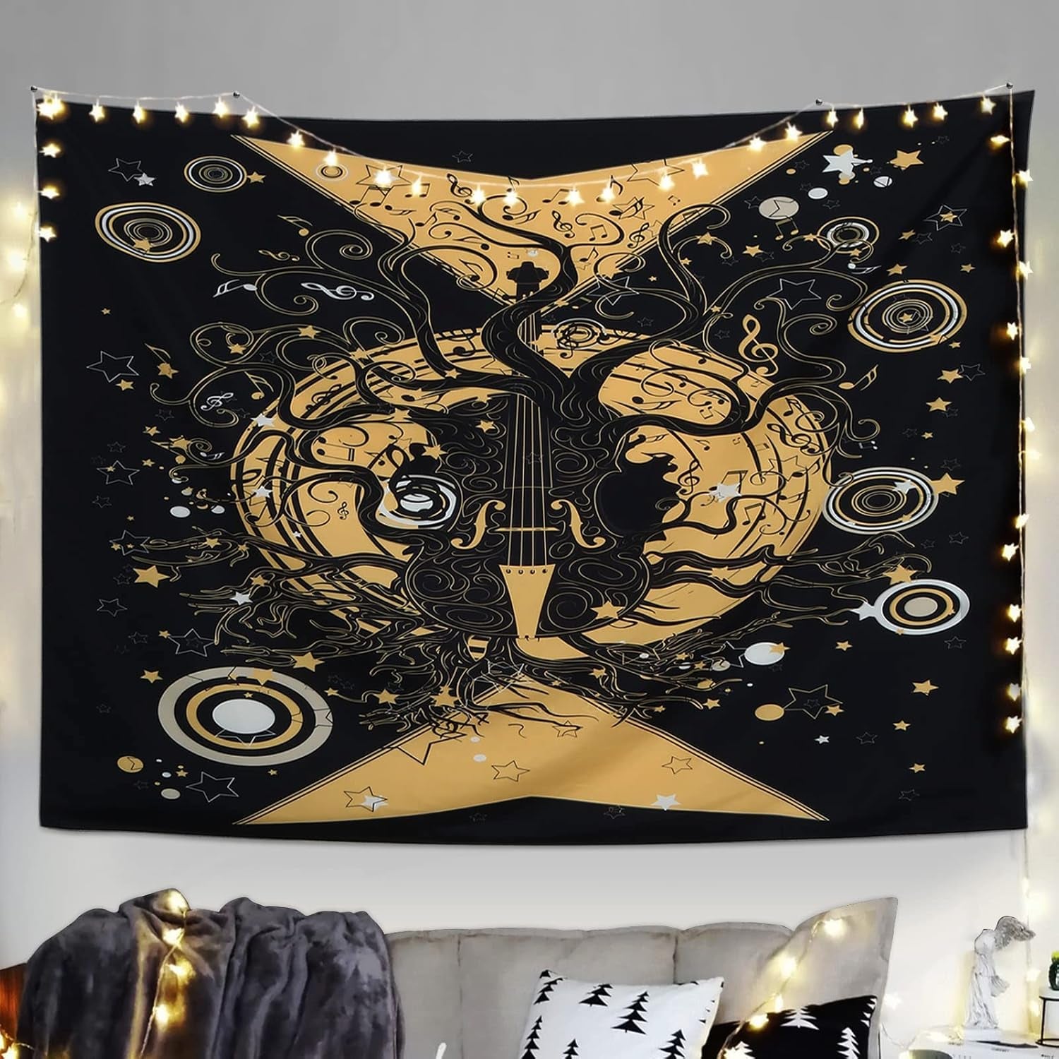 Tree of Life Tapestry Wall Hanging Moon and Star Violin Tree Black Tapestry for Wall Geometric Arabesque Tapestry for Bedroom Aesthetic Home Dorm Tapestries Decor for Living Room