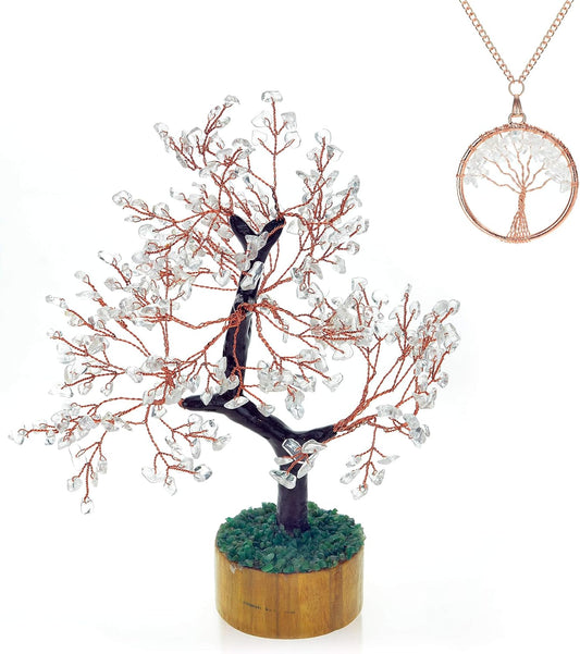 Crystal Quartz Chakra Money Tree [Bonus Necklace] | Feng Shui, Handmade with Healing Crystal Tree of Life | Copper Wire Wrapped Home Décor Figurine for Positive Energy, Wealth, Luck