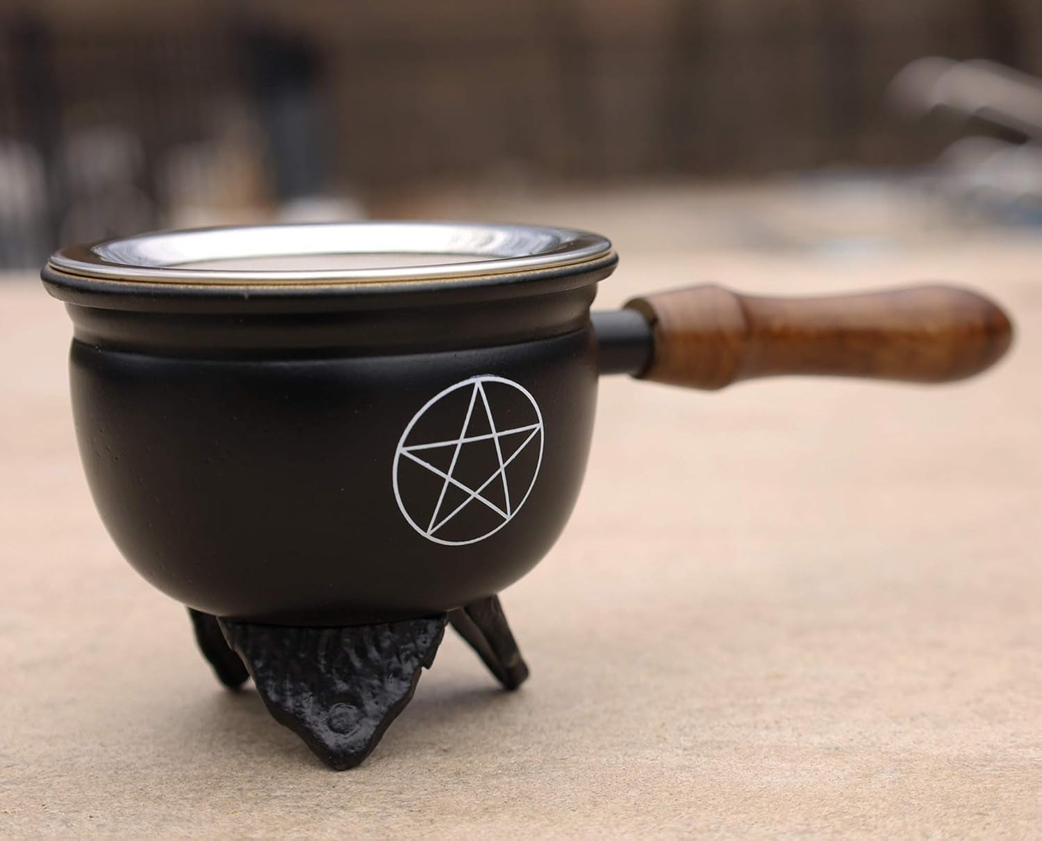 Large Metal Charcoal Incense Burner with Wooden Handle (Pentagram)