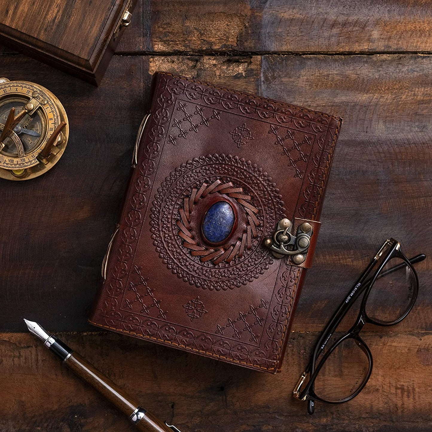 Vintage Leather Journal with Semi Precious Stone - Lock Closure, 240 Pages Antique Deckle Edge Paper - Book of Shadows, Grimoire Journal, Witch Journal for Men and Women - 7" X 5"