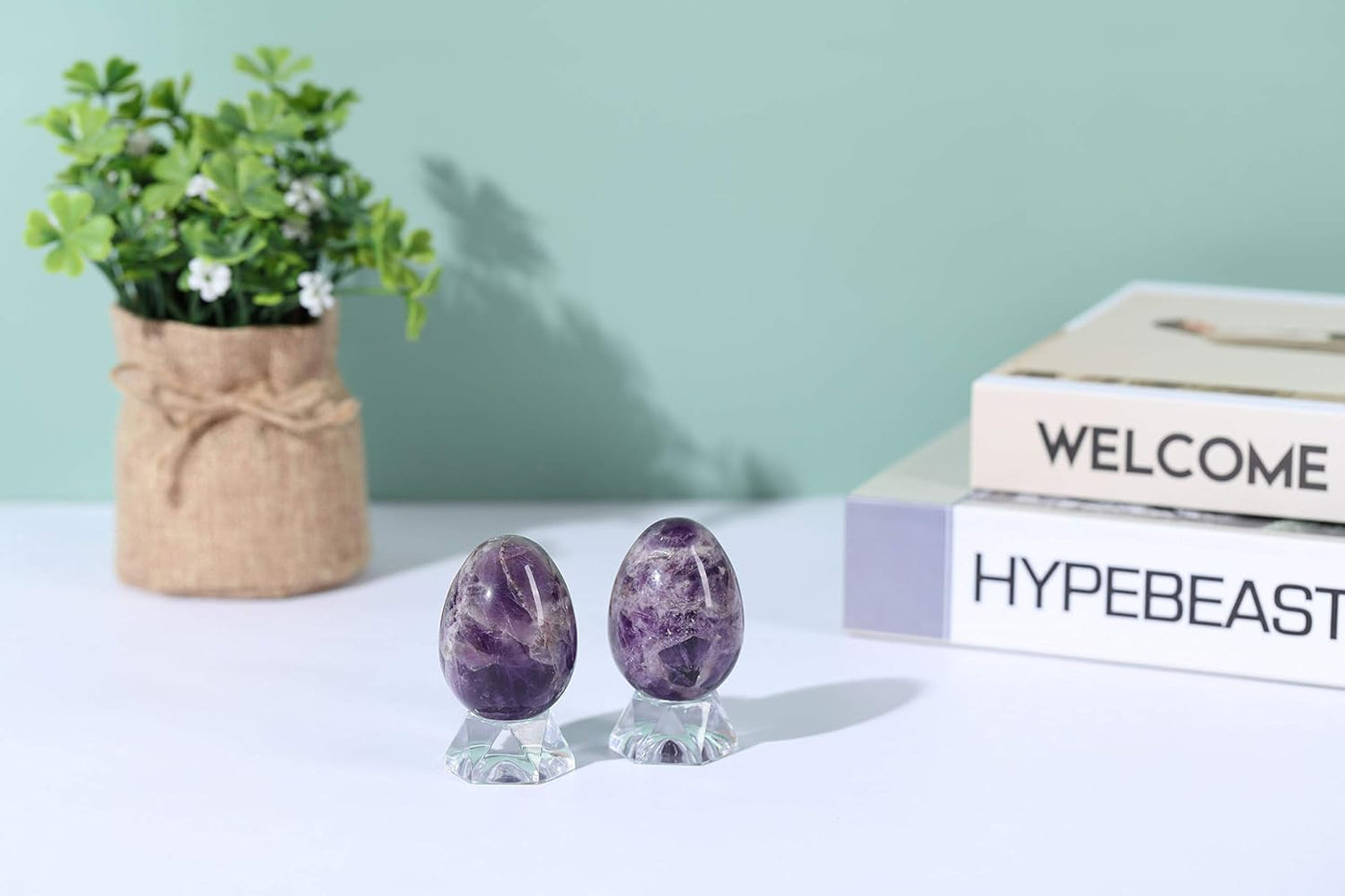 Natural Amethyst Egg Sphere Sculpture Reiki Healing Crystal Gemstone Ball Divination Figurine with Acrylic Stand for Home Decoration