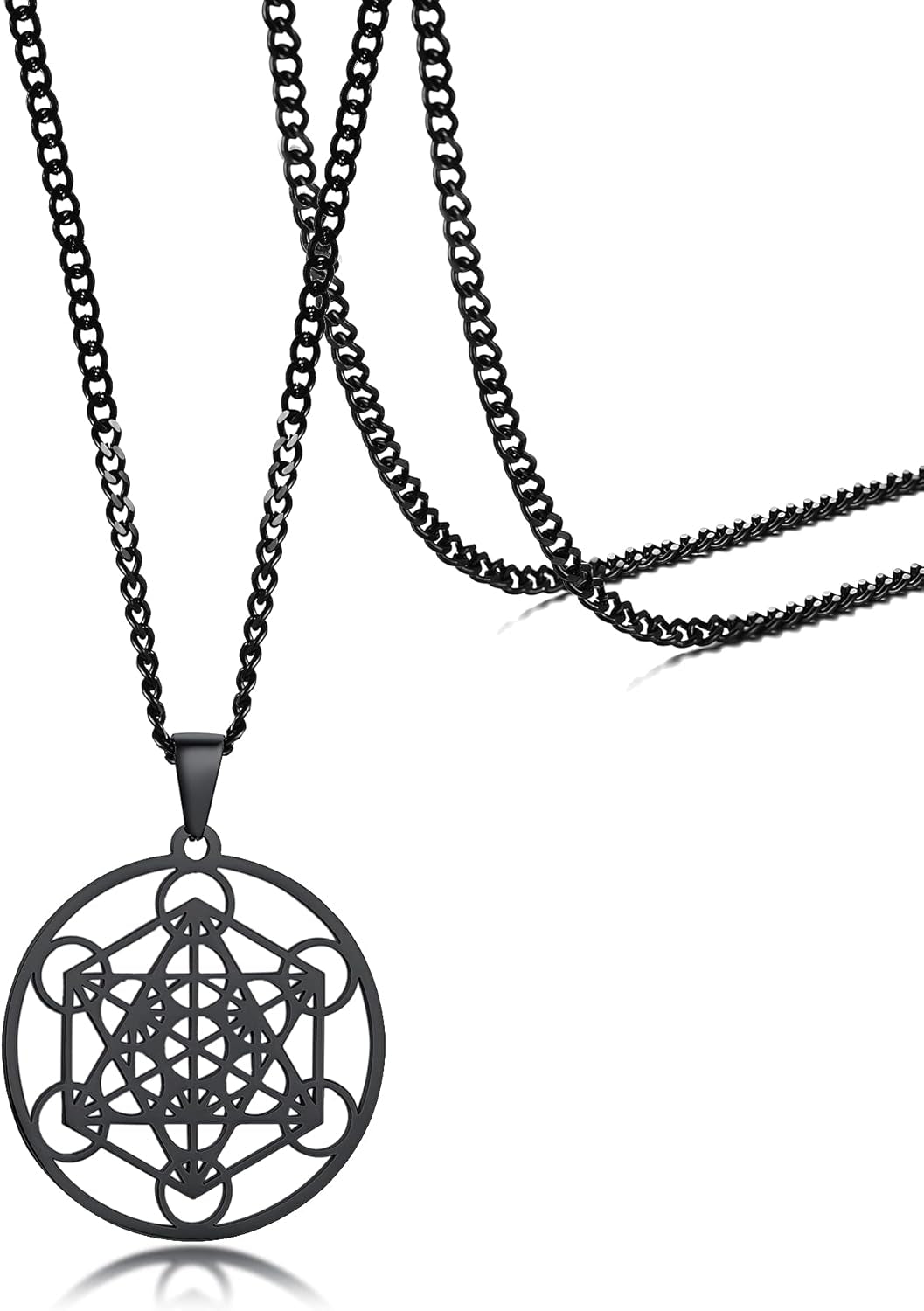 Mens Metatron'S Cube Symbol Medal Necklace,Stainless Steel Sacred Geometry Spiritual Talisman Pendant,24" Chain