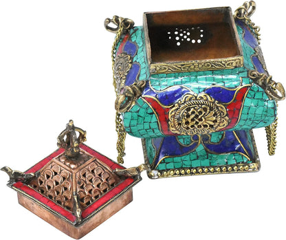 Tibetan Incense Burner – Hanging Censer Incense Burner with Chain – Brass Incense Burner with Lid for Resin Charcoal (Gemstone Inlay)